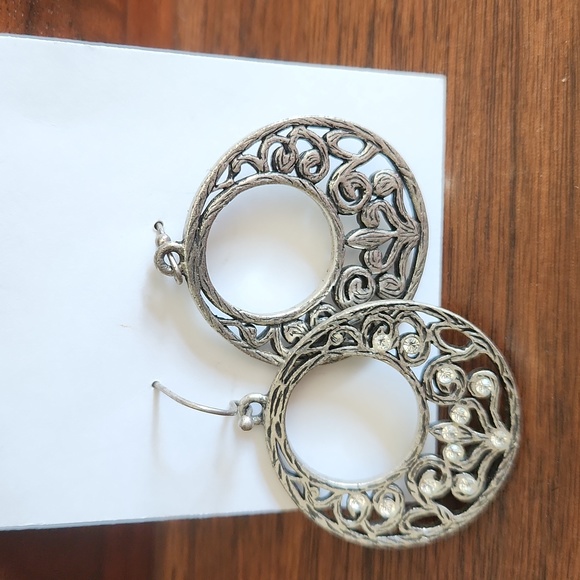 Silver Tone 1 1/4 inch Hoop Ornate Earrings with 12 Rhinestones. Quiet Elegance - Picture 6 of 6